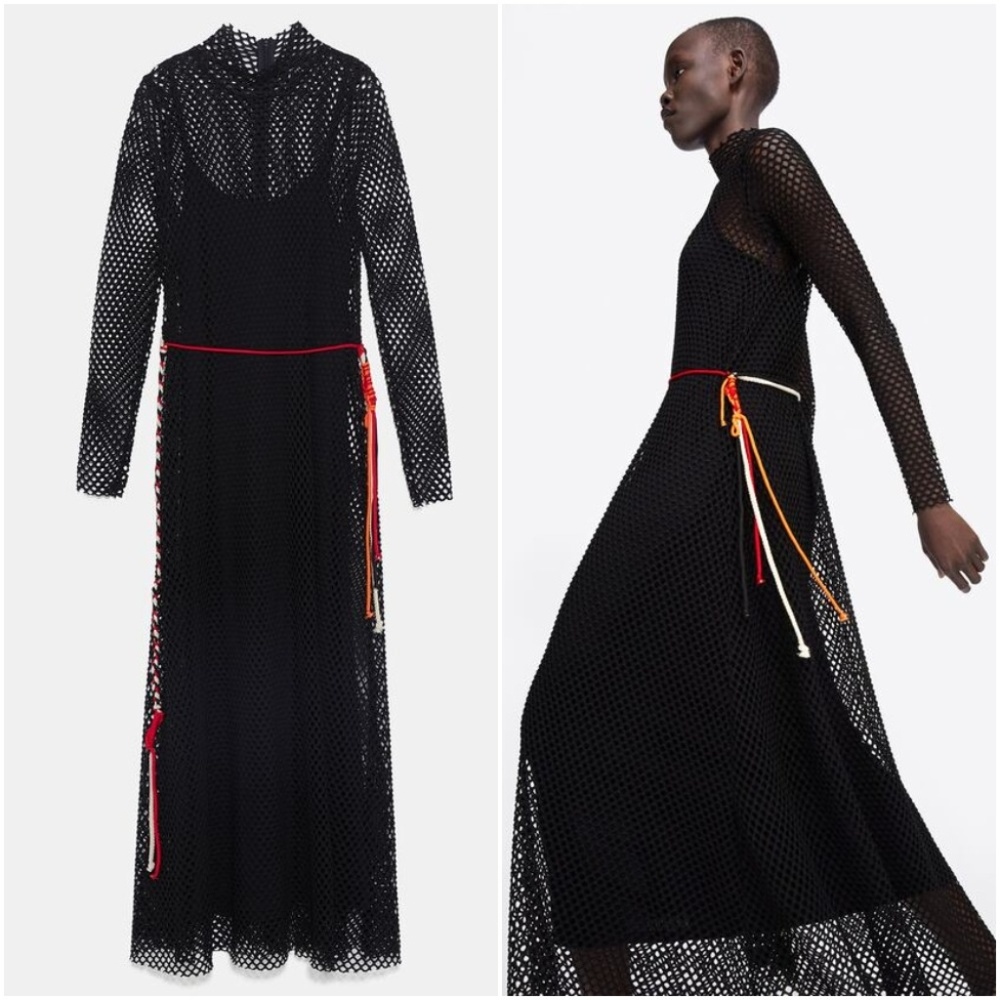 ZARA Black Fishnet Crochet Lined Maxi Dress with Corded Belt $129.90 - Picture 10 of 13